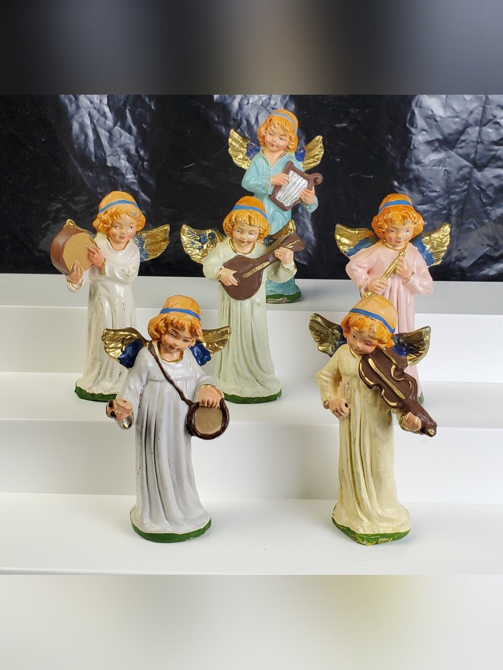 Vintage Paper Mache Hand-Painted Angel Musical Figurines READ - Set of 6 - GUC